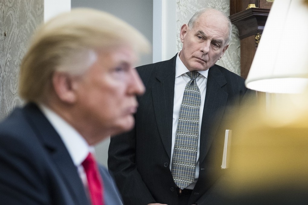 White House Chief of Staff John Kelly watches as US President Donald Trump speaks during a meeting with North Korean defectors in the Oval Office in February. Kelly’s recent comments on immigrants have caused a furore. Photo: Washington Post
