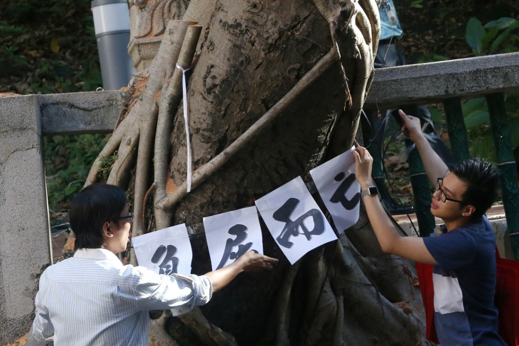Activists put up a banner protesting against the cutting down of two decades-old banyan trees on Bonham Road in Pok Fu Lam, on May 21. The Lands Department’s report suggesting their removal said the trees’ poor health and structural condition indicated a high risk of collapse, and the trees were felled on May 20. Photo: David Wong