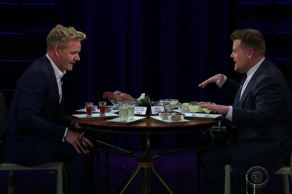 Celebrity chef Gordon Ramsay (left) plays “Spill Your Guts or Fill Your Guts” on James Corden’s The Late Late Show in February. Photo: YouTube