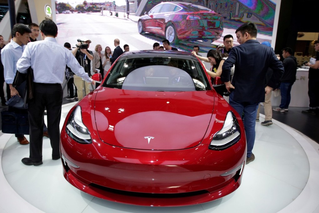 A Tesla Model 3 car is displayed during a media preview at the Auto China 2018 motor show in Beijing on April 25. Photo: Reuters