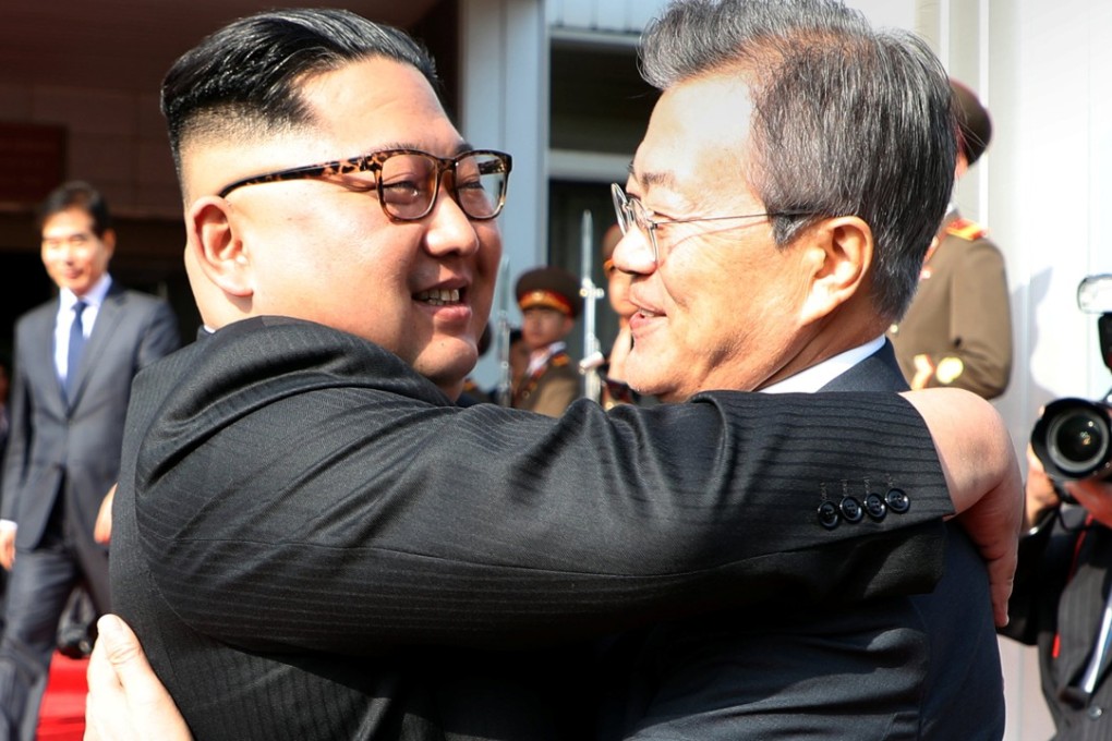 South Korean President Moon Jae-in bids farewell to North Korean leader Kim Jong-un after their summit in Panmunjom on Saturday. Photo: Handout via Reuters