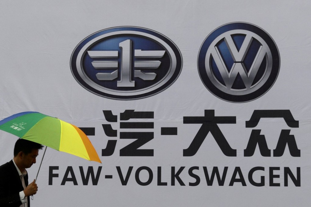 A company logo of FAW-Volkswagen at an automobile exhibition in Fuyang, Anhui province. Photo: Reuters
