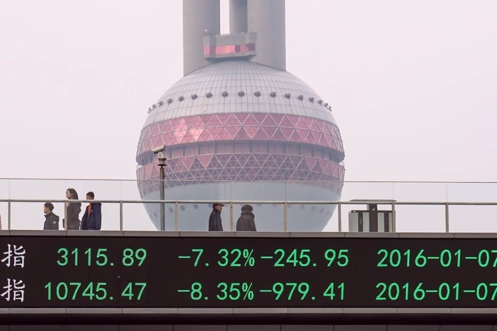 A pedestrian bridge with a screen showing stock market movements in Shanghai. Photo: AFP
