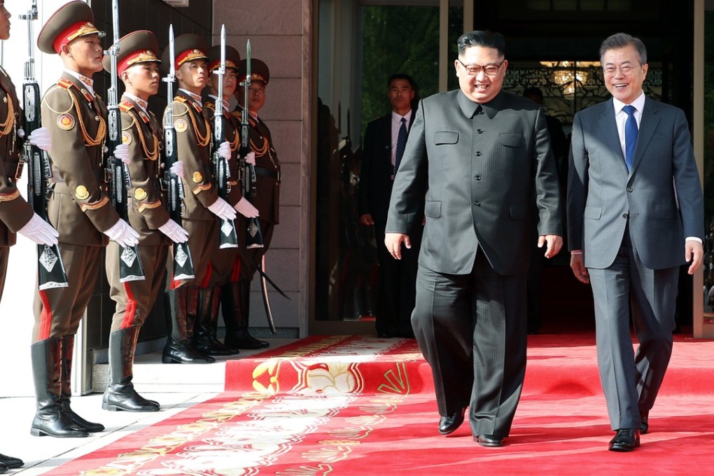 South Korean President Moon Jae-in (left) and North Korean leader Kim Jong-un (right) are seen during their second meeting on the North Korean side of the demilitarized zone in Paju on Saturday. Photo: Cheong Wa Dae via EPA-EFE