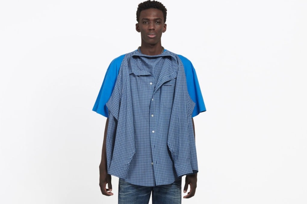 A new men’s T-shirt from Balenciaga is a cotton button-up shirt attached to a T-shirt.