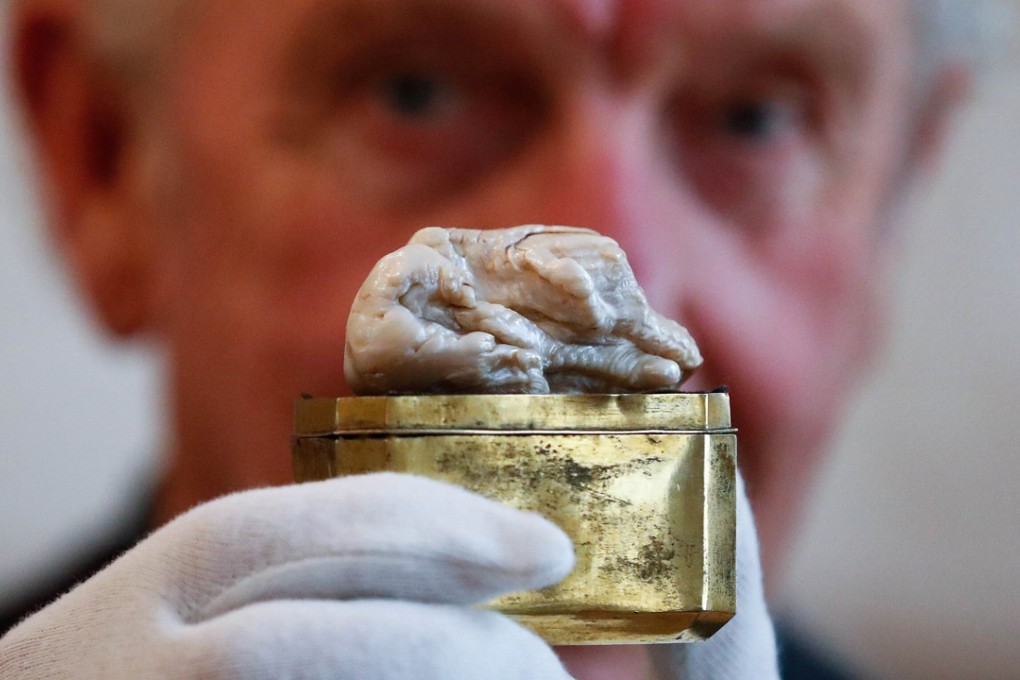 Herman Dommisse, the seller of The Sleeping Lion Pearl, which once belonged to Catherine the Great and believed to be the world's largest freshwater pearl, shows the pearl before being auctioned in The Hague. Photo: Reuters