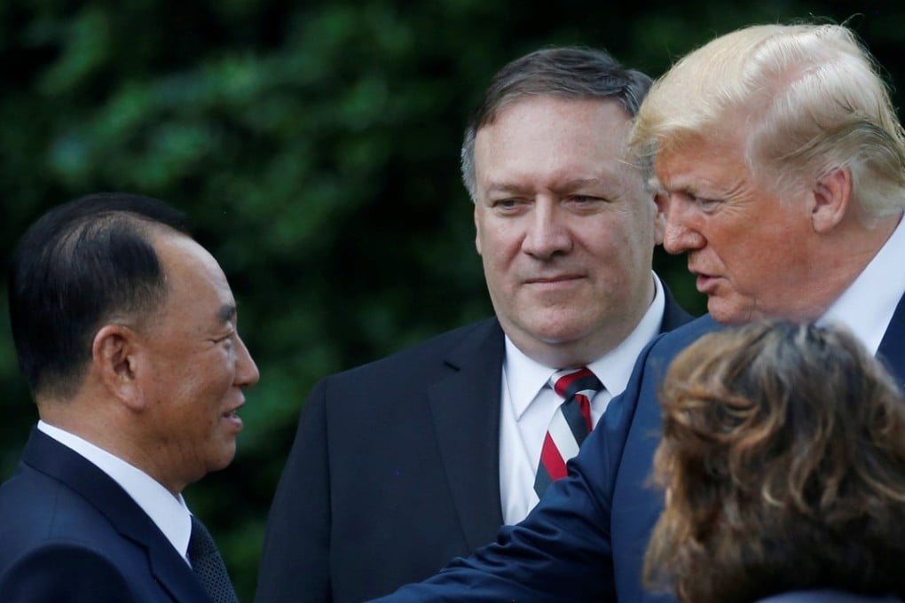 North Korean envoy Kim Yong-chol talks with US President Donald Trump as Secretary of State Mike Pompeo looks on after a meeting at the White House in Washington on June 1. Photo: Reuters
