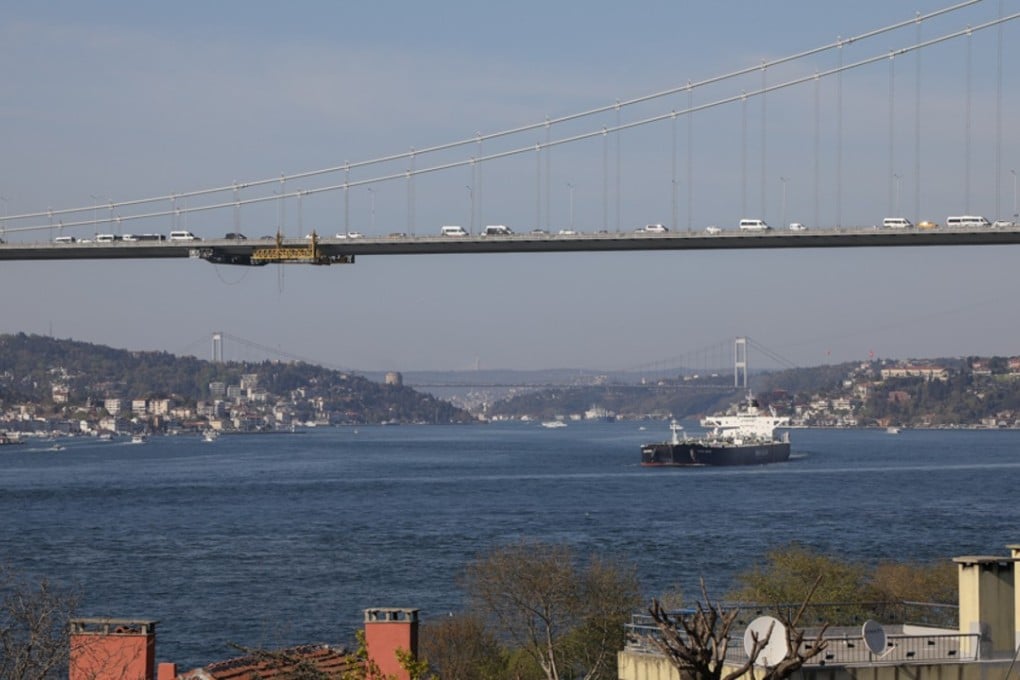 Oil tanker Shah Deniz passes under the 15 July Martyrs bridge on the Bosphorus strait. Photo: Hélène Franchineau