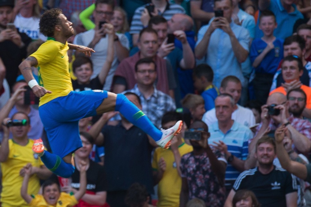 Brazil’s Neymar celebrates scoring during the international friendly against Croatia. Photo: EPA