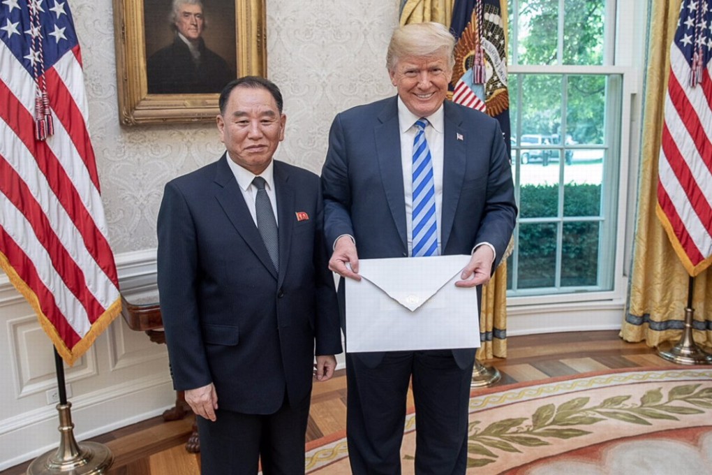 US President Donald Trump meets North Korean envoy Kim Yong-chol in the White House on June 1, and is presented with a letter from North Korean leader Kim Jong-un. Photo: Twitter
