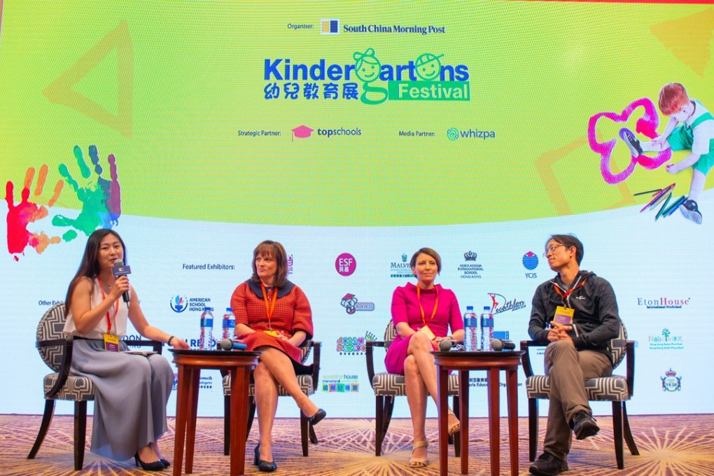 A panel discussion at SCMP Kindergartens Festival involving, from left: Sophia Lam, assistant education editor, SCMP; Joanne Mallary, assistant principal, American School Hong Kong; Dr Helen Kelly, lower school principal, Canadian International School of Hong Kong; and Yat Siu, founder and CEO, Outblaze.