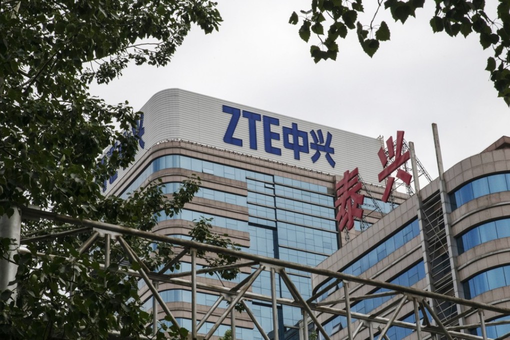 Signage is displayed atop a ZTE Corp. building in Beijing, China, 2018. Photo: Bloomberg