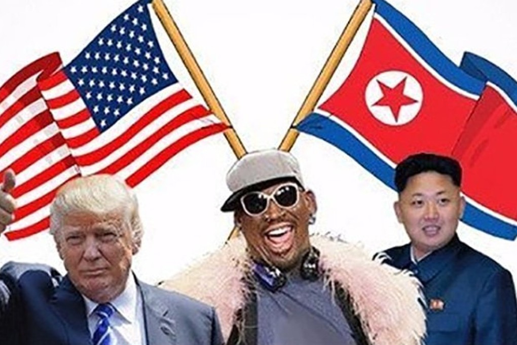 A composite image post on Twitter by Dennis Rodman, showing him with Donald Trump and Kim Jong-un. Photo: @dennisrodman