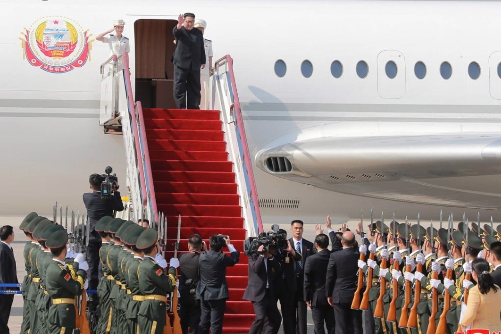 Kim Jong-un arrives at Dalian airport on May 8 on North Korea’s Air Force Un. Photo: EPA-EFE/KCNA