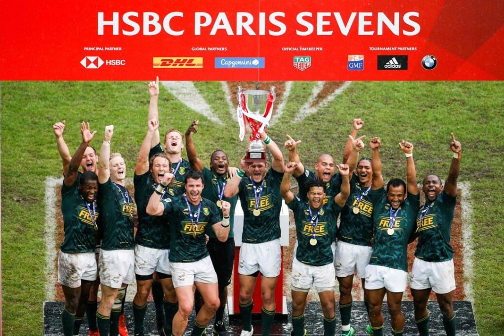 South Africa celebrate victory in the Paris Sevens. Photo: AFP