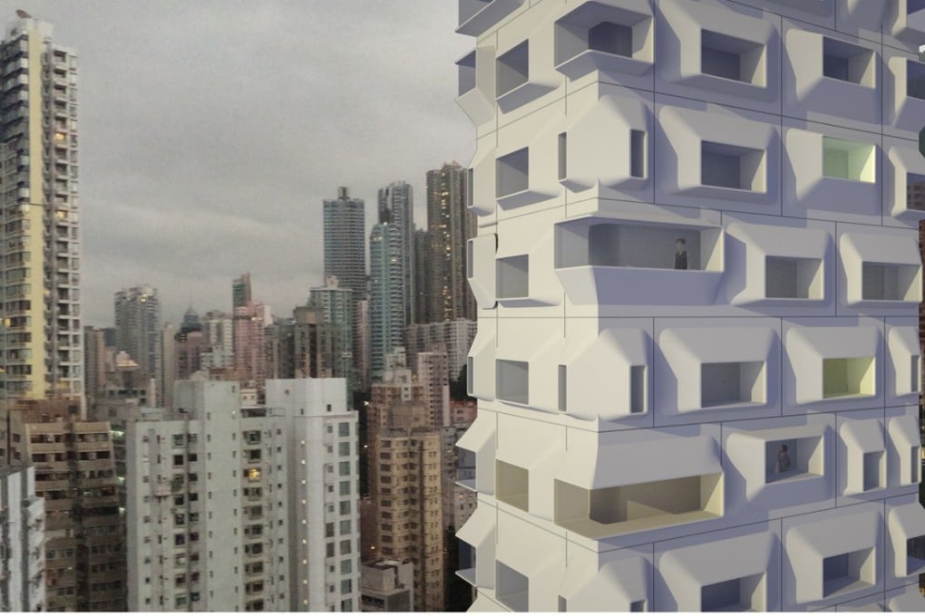 Jason Carlow’s proposed Prefab Pencil Tower is on show at the Venice Biennale of Architecture. It exploits a loophole in Hong Kong’s building code that allows for prefabricated facade elements, like bay windows, to be exempt from a building’s gross floor area.