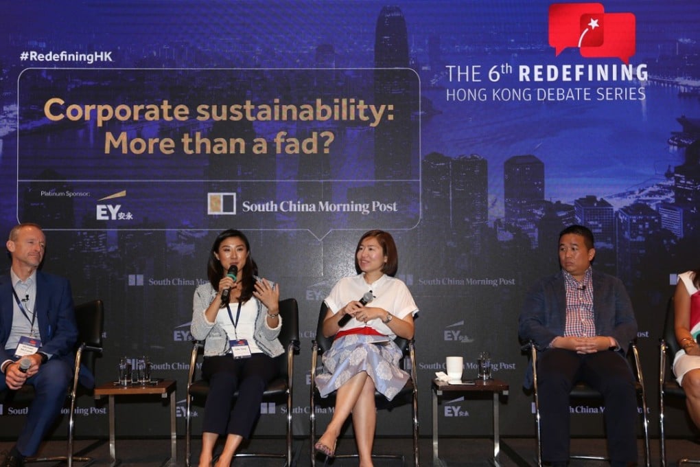 (Left to right): Michael McComb, vice president for communications and sustainability at SAP Greater China; Ellie Tang, head of sustainability at New World Development; Denise Tsang, Hong Kong News Editor, South China Morning Post; Roger Lee, CEO of TAL Group; and Pat Dwyer, founder of The Purpose Business, attend the Redefining Hong Kong Debate Series – Corporate Sustainability, at the JW Marriott Hotel in Admiralty on Tuesday. Photo: Xiaomei Chen