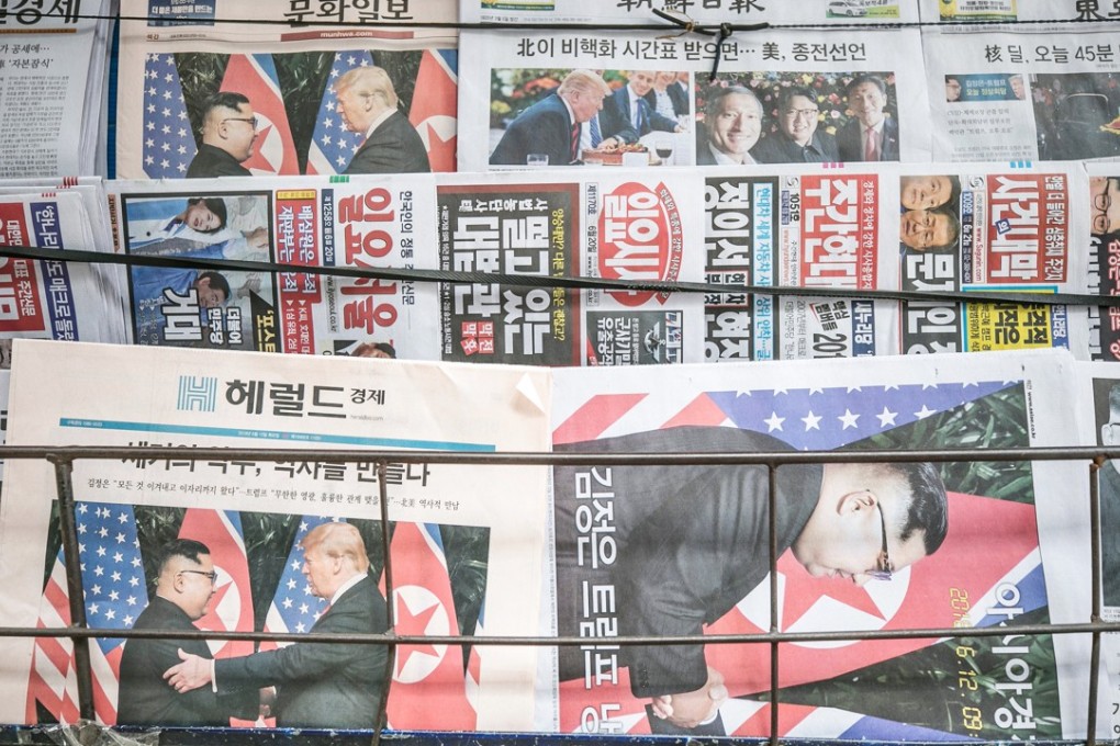 South Korean newspapers with front pages featuring US President Donald Trump and North Korean leader Kim Jong-un. Photo: Bloomberg