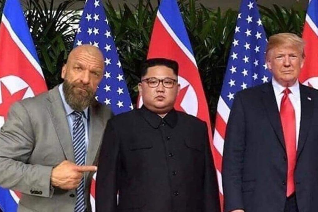 A Photoshopped image of WWE star Triple H inserted into the Trump-Kim summit. Photo: Twitter