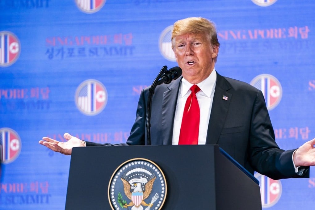 US President Donald J. Trump speaking on Tuesday in Singapore about his meeting with North Korean leader Kim Jong-un. Trump said the US would halt its “provocative” joint military exercises with South Korea. Photo: EPA-EFE