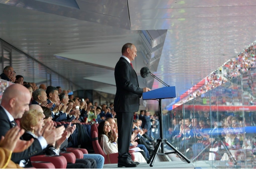 Russian president Vladimir Putin delivers his speech prior to the match between Russia and Saudi Arabia which opened the 2018 World Cup. Photo: AP