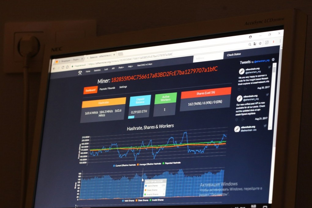 A computer screen displays a cryptocurrency mining web page at the home of Dmitry Gutov, a Russian cryptocurrency 'miner,' in Krasnogorsk, Russia, on Thursday, Sept. 7, 2017. Gutov, who works in a Moscow-based staff-outsourcing firm by day, is among a growing number of Russians who have embraced mining as the price of cryptocurrencies such as bitcoin and ether has soared. Photographer: Andrey Rudakov/Bloomberg