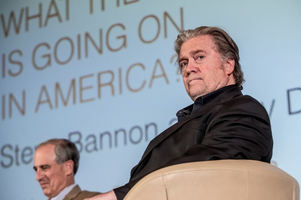 Former Trump political strategist Steve Bannon (right) attends a discussion with Lanny Davis, former strategist of Hillary Clinton (left) in Prague, Czech Republic, on May 22. Photo: EPA