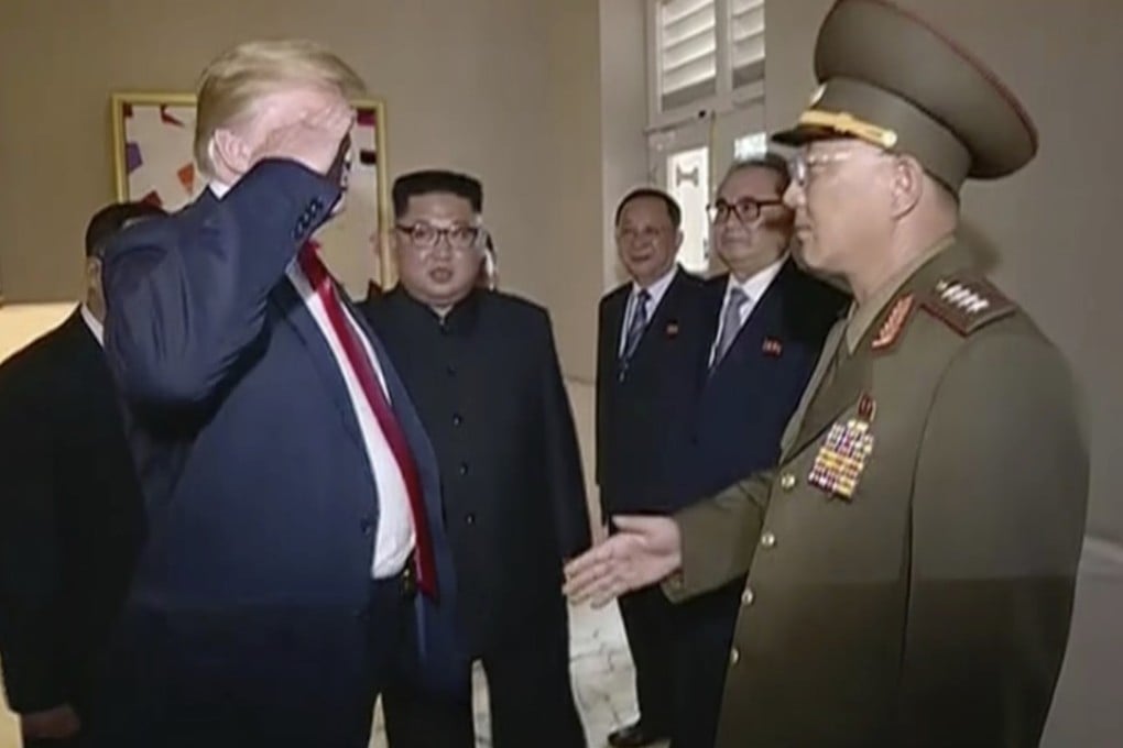 US President Donald Trump salutes No Kwang-chol, minister of the People’s Armed Forces of North Korea. Photo: AP