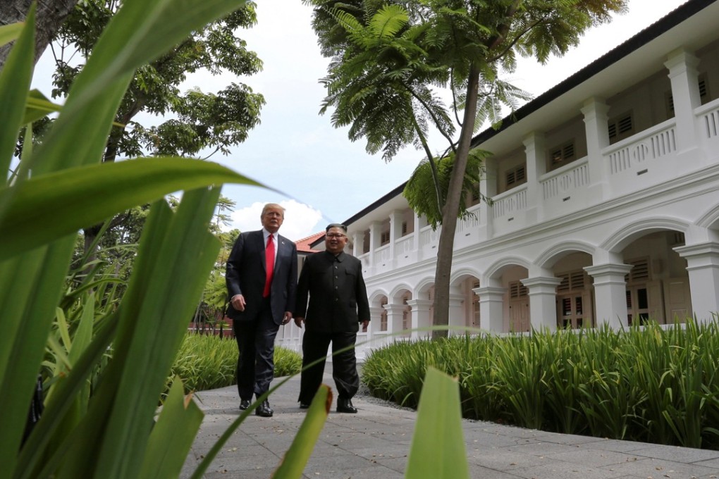 US President Donald Trump and North Korea's leader Kim Jong-un at the Capella Hotel on the resort island of Sentosa, Singapore. Photo: Reuters