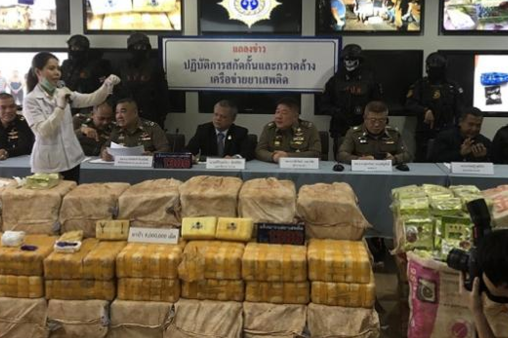 About 9 million methamphetamine pills and 300kg of crystal meth seized when key drug suspect Panatkit Soponphumipanya was arrested are shown at the Office of the Narcotics Control Board in Chiang Mai on Friday. Photo: policenews.co.th