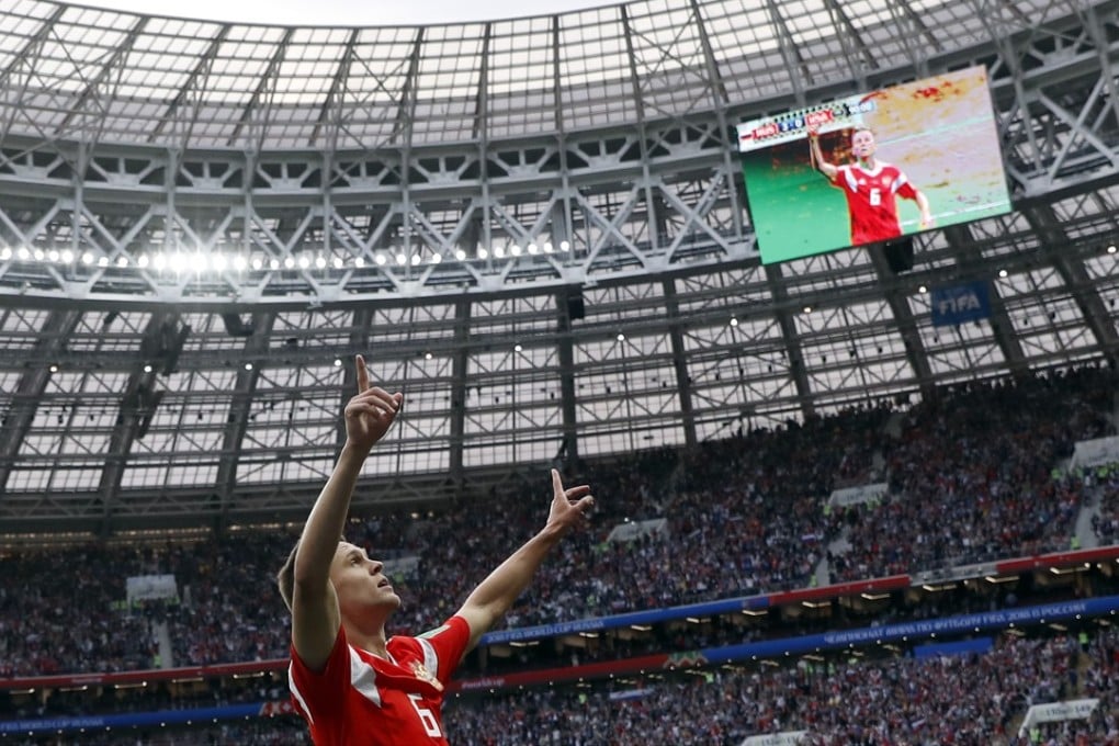 Russia’s Denis Cheryshev celebrates after scoring his side’s fourth goal in their 5-0 win over Saudi Arabia. Photo: AP