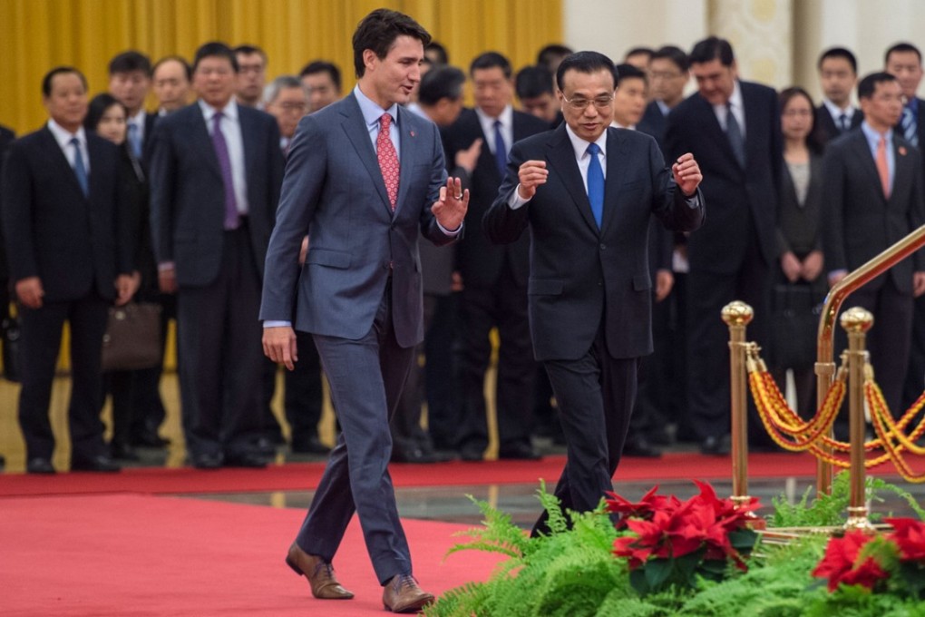 Canadian Prime Minister Justin Trudeau and Chinese Premier Li Keqiang at the Great Hall of the People in Beijing in 2017. Photo: AFP