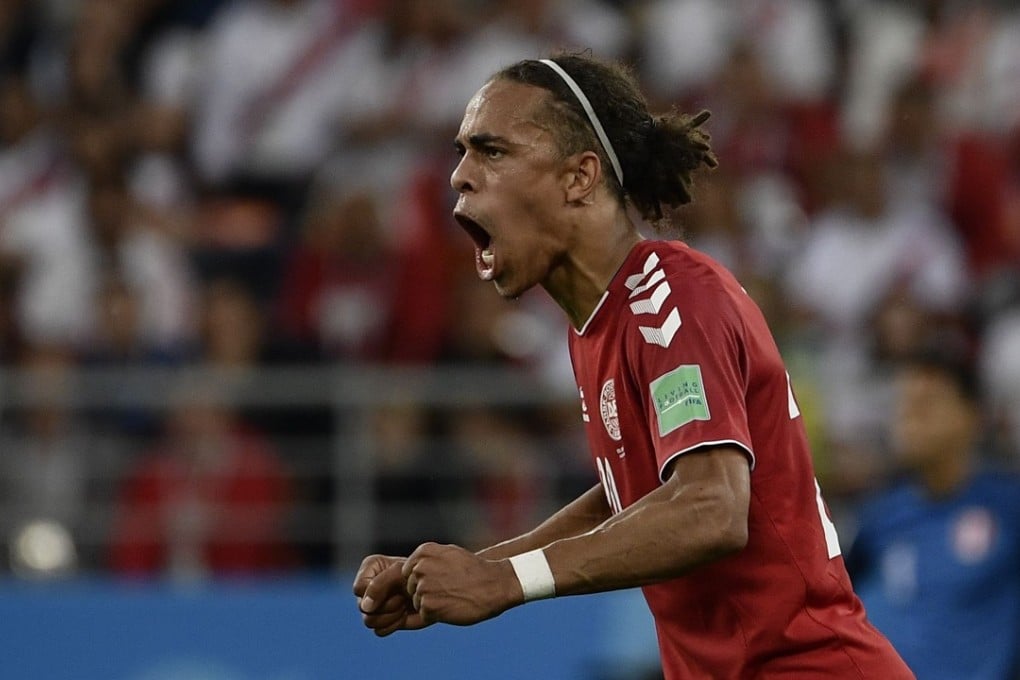 Yussuf Poulsen celebrates his goal for Denmark. Photo: AFP