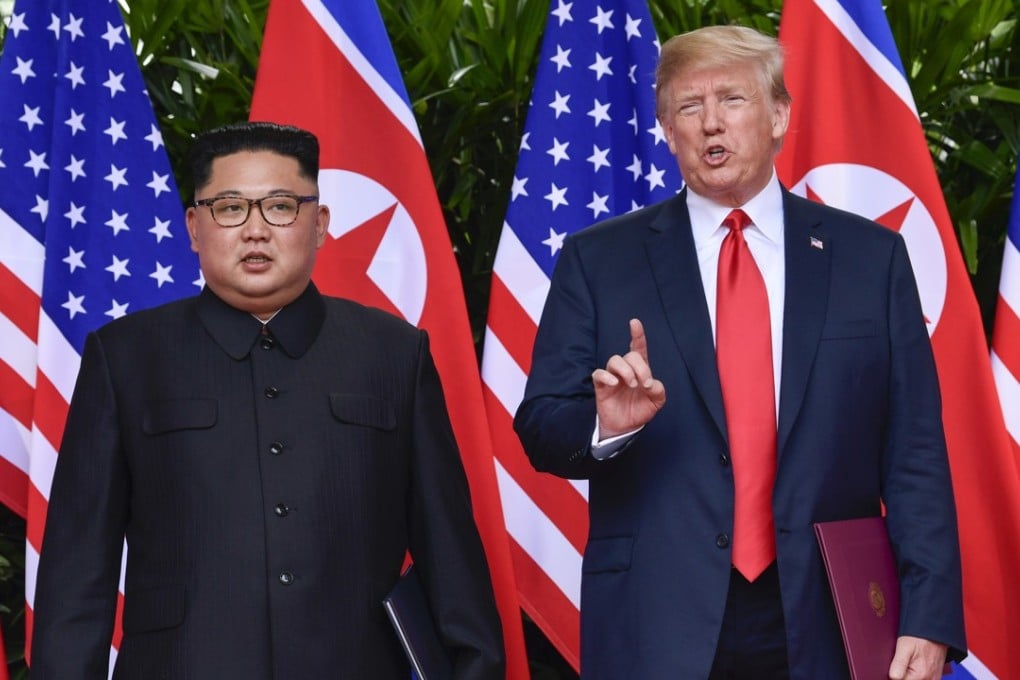 US President Donald Trump makes a statement on June 12 before saying goodbye to North Korea leader Kim Jong-un after their meetings in Singapore. Photo: AP