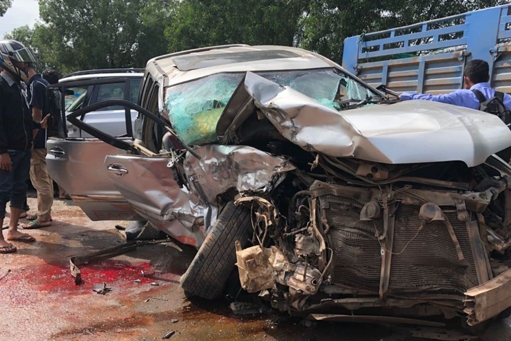 Cambodia’s Prince Norodom Ranariddh’s mangled car outside Sihanoukville, Cambodia, on Sunday, June 17, 2018. Photo: AP