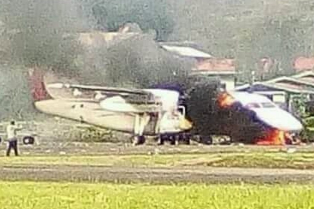 Images on social media showed the twin-engined turboprop plane on fire, with the fuselage burnt through. Photo: Twitter
