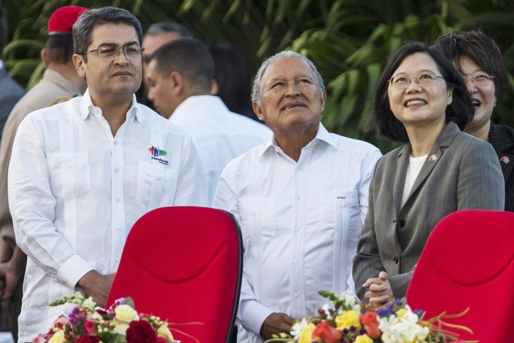 (From left) Honduran leader Juan Orlando Hernandez, El Salvador’s Salvador Sanchez Ceren and Taiwan’s President Tsai Ing-wen at Daniel Ortega’s inauguration ceremony for his third term as Nicaraguan president in January last year. All three countries have diplomatic ties with Taipei. Photo: EPA