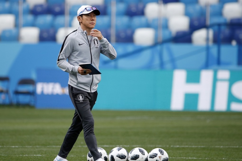 South Korean head coach Shin Tae-yong attends a training session in Nihzny Novgorod. Photo: EPA