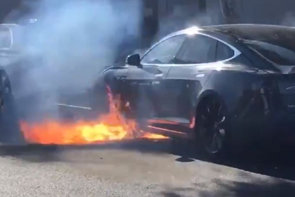 Shocking video shows Tesla bursting into flames ‘out of the blue’ on a