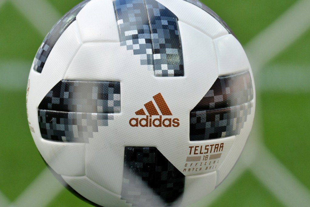 An Adidas Telstar 18 ball, the official match ball of the Fifa World Cup 2018, on display at the Luzhniki Stadium in Moscow. Photo: EPA