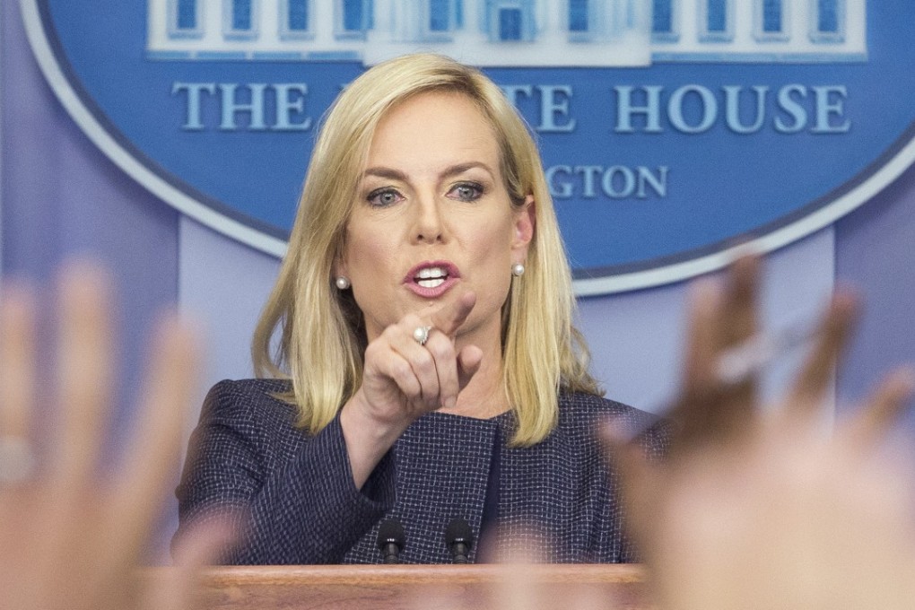 US Department of Homeland Security (DHS) Secretary Kirstjen Nielsen participates in a news conference at the White House on Monday. Photo: EPA