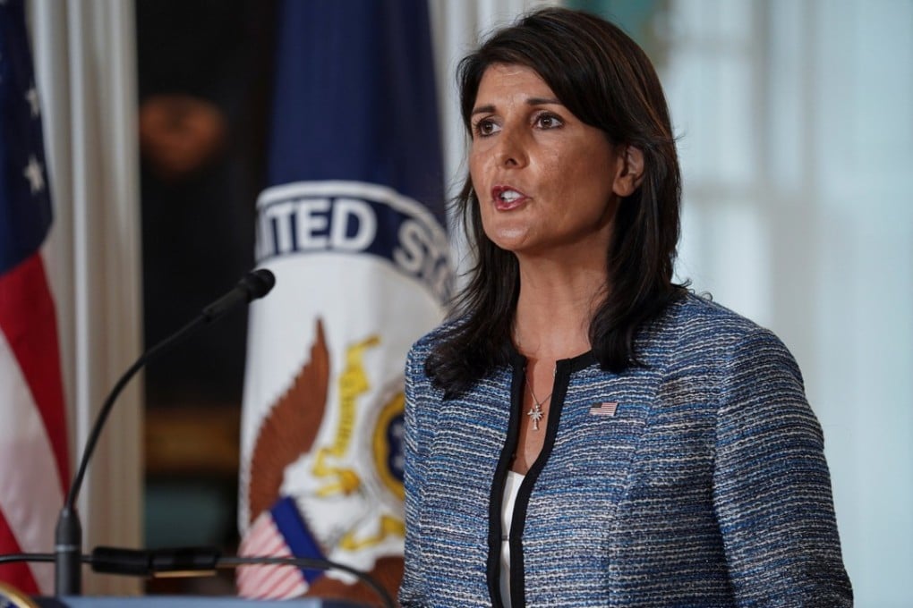 US Ambassador to the United Nations Nikki Haley announcing on Tuesday that the US is withdrawing from the United Nations’ Human Rights Council. Photo: Reuters