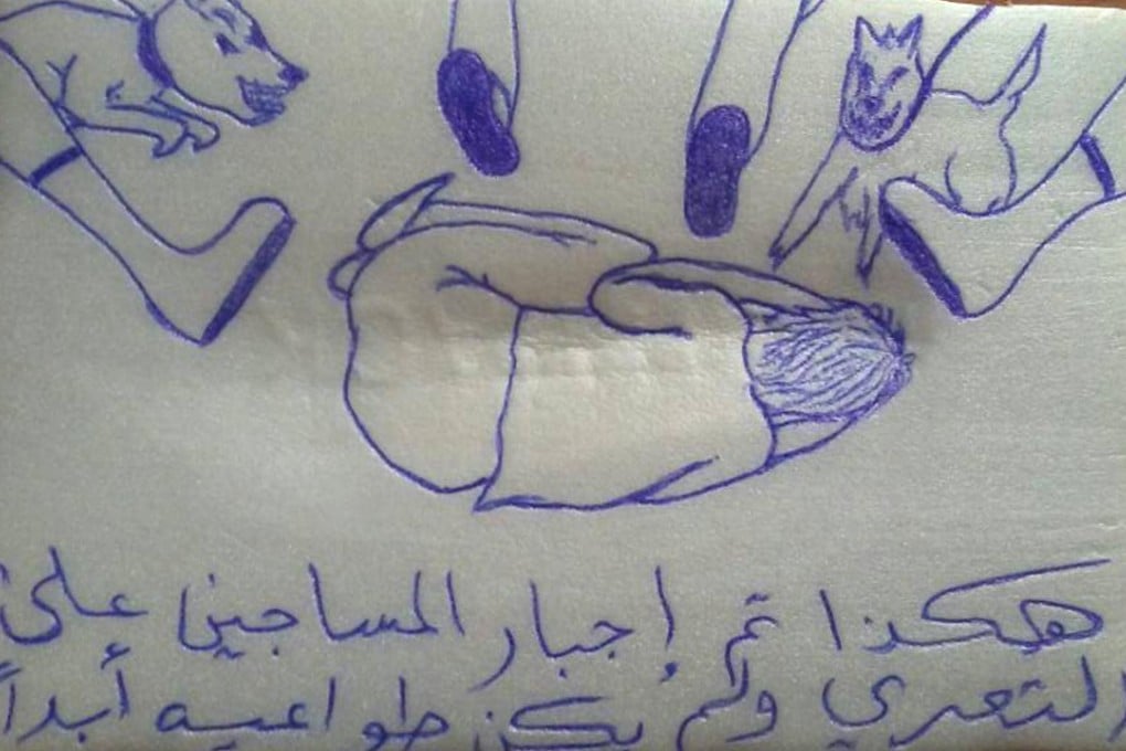 A drawing of a detainee being abused at a prison in Yemen run by the United Arab Emirates. Photo: AP