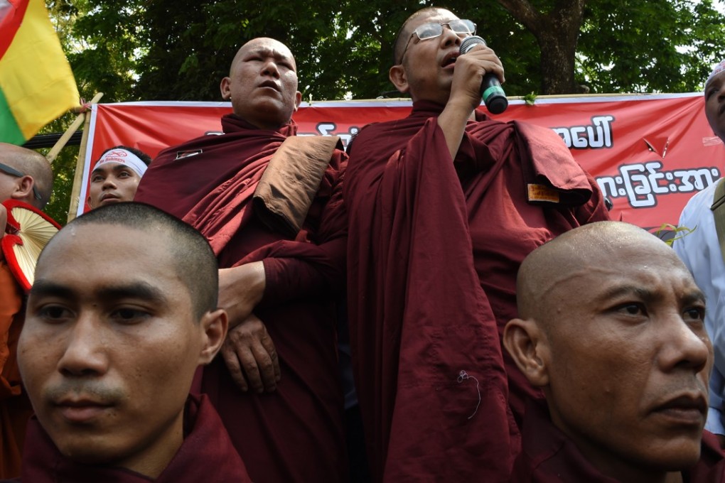 Monks belonging to the hardline Buddhist group MaBaTha rally outside the US embassy in Yangon. Photo: AFP