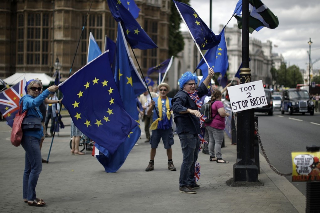 Anti-Brexit, pro-EU protesters near the Houses of Parliament in London. Photo: AP