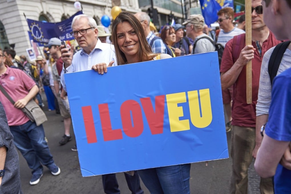 Demonstrators gather prior to the start of the People’s March demanding a People’s Vote on the final Brexit deal. Photo: AFP