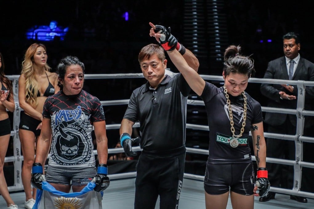 Xiong Jingnan has her arm raised after her battle with Laura Balin goes to the judges’ scorecards at One Championship Macau. Photos: One Championship