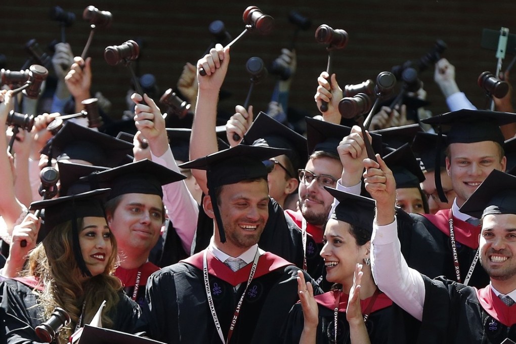 Harvard University’s graduating law students celebrate on May 24. Admission protocols at many US universities, especially those most sought after, analyse not just academic achievement but also other criteria, such as musical and artistic ability, athletic prowess and community volunteering. Photo: AP