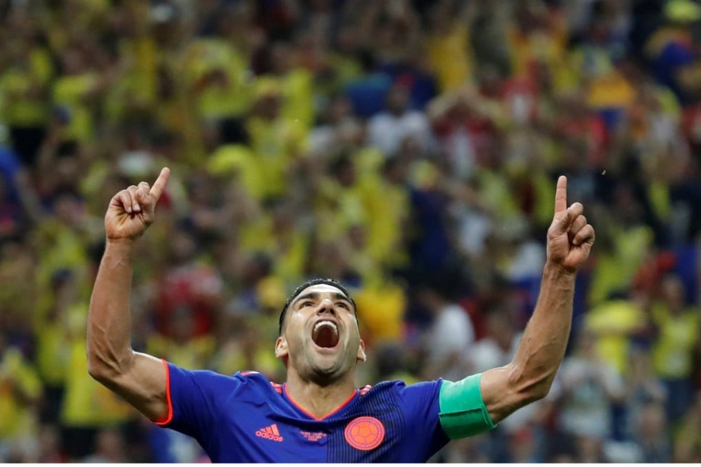 Colombia’s Radamel Falcao celebrates scoring their second goal in the 3-0 win over Poland. Photo: Reuters