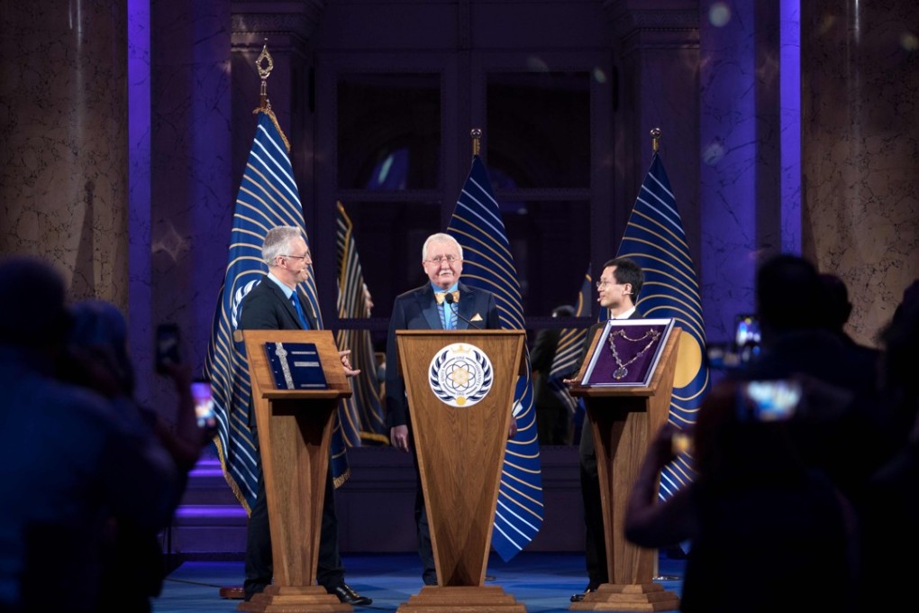 The first Head of Nation of the proposed new state Asgardia, Russian scientist and businessman Igor Ashurbeyli (centre) gives a speech during a lavish ceremony in Vienna's Hofburg Palace on Monday. Photo: Agence France-Presse